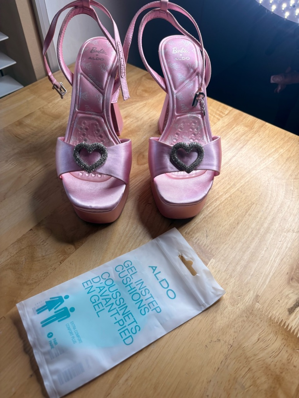ALDO limited edition BARBIEPink Satin Platform Sandals with Crystal Heart Accent